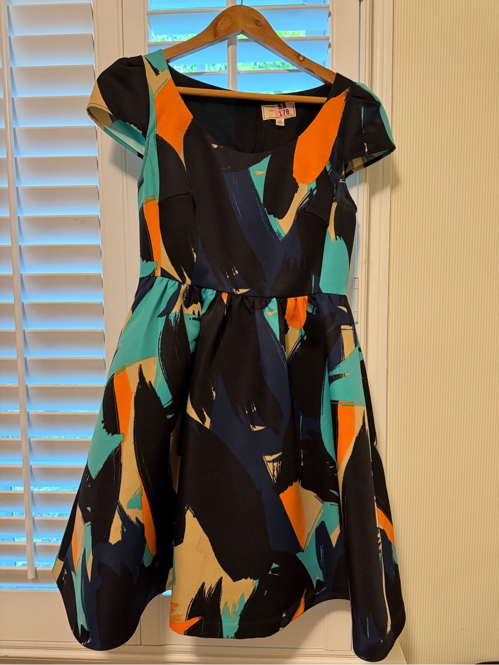 Women's Abstract Print Fit & Flare Dress in Black, Teal & Orange